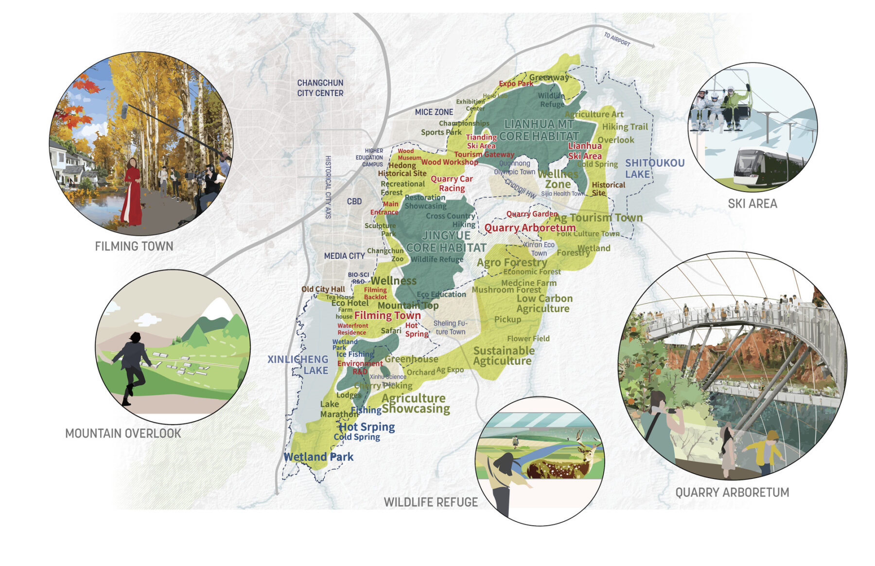 Diagram and renderings of large-scale park master plan in China