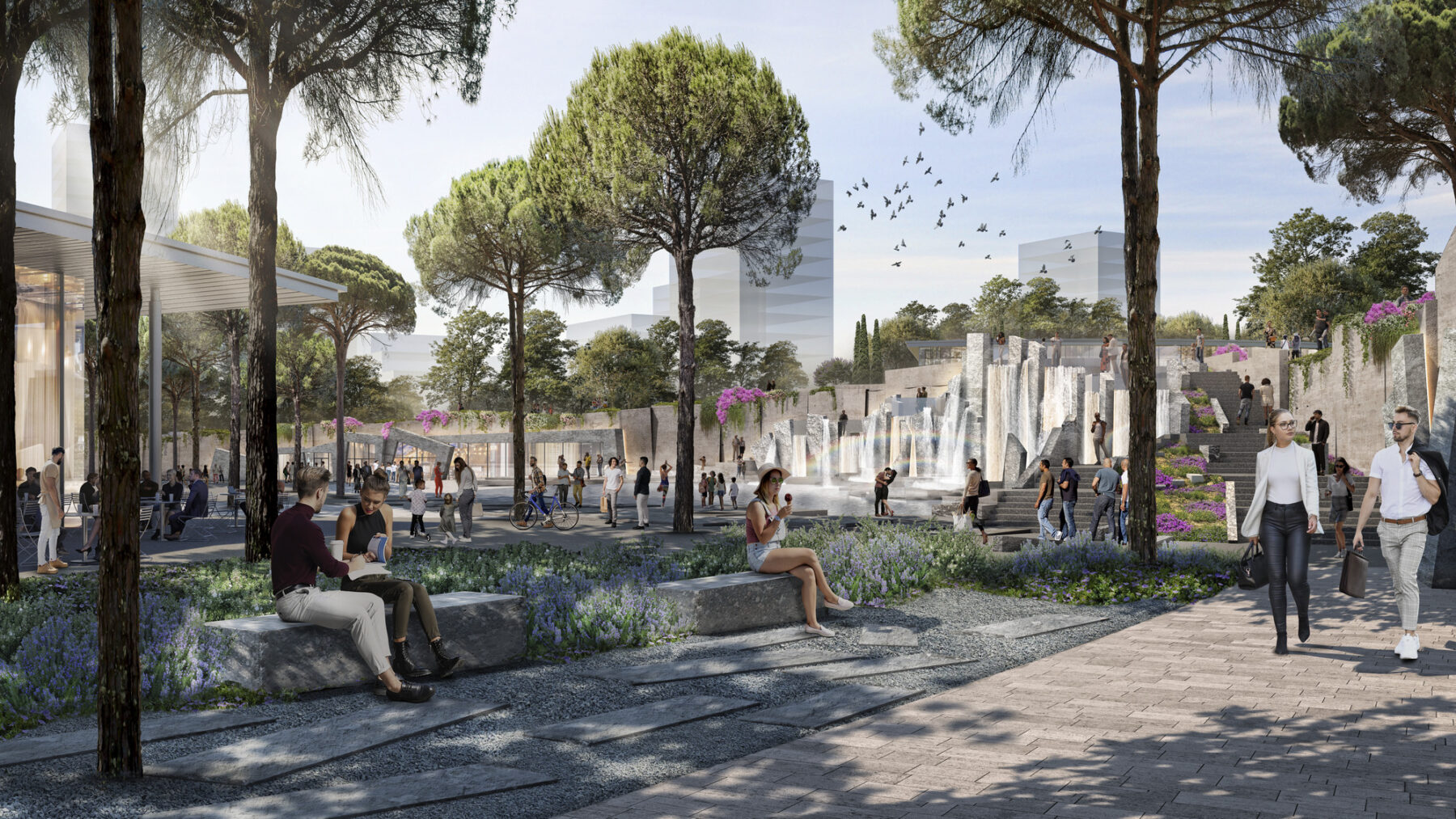 Rendering of a section of the park where people sit on stone benches and walk through a stone plaza with a large water feature and trees