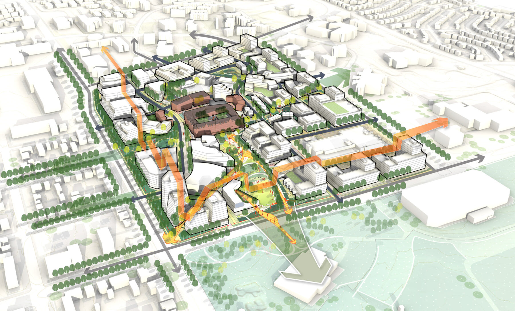 Master Plan diagram depicting connections to the surrounding neighborhoods and massing of new buildings that frame views to the mountains and existing streets