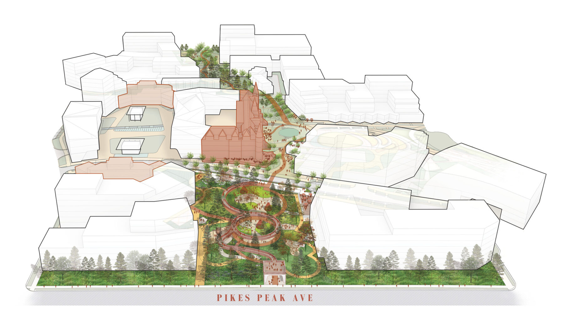 Illustrated aerial diagram with open green space filled with trees adjacent to the castle building and surrounding massings