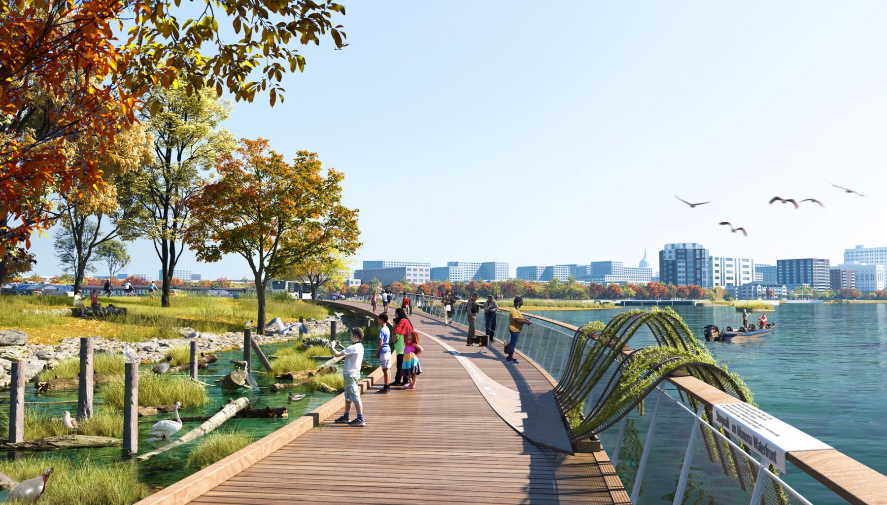 rendering of people walking along boardwalk with plantings along railing