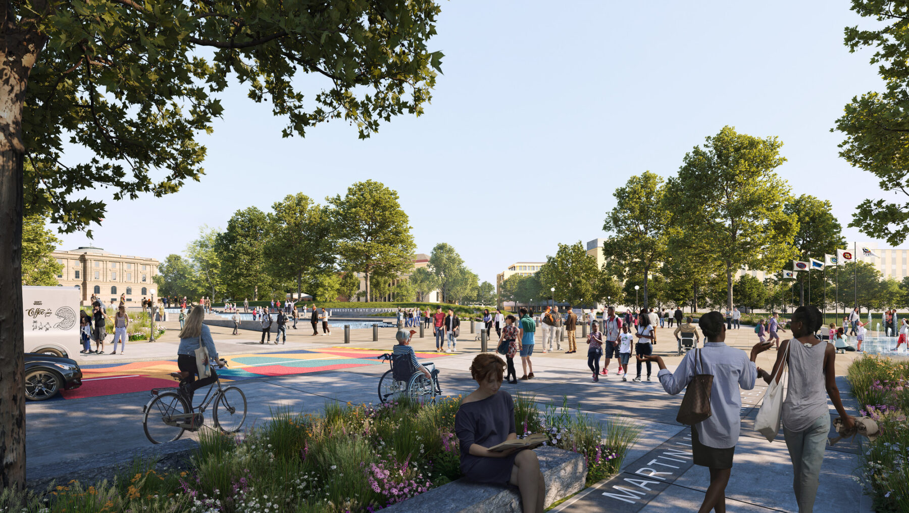 rednering of new MLK Commons, which features a new tribal flag plaza, several new water features, and the upper lawn.