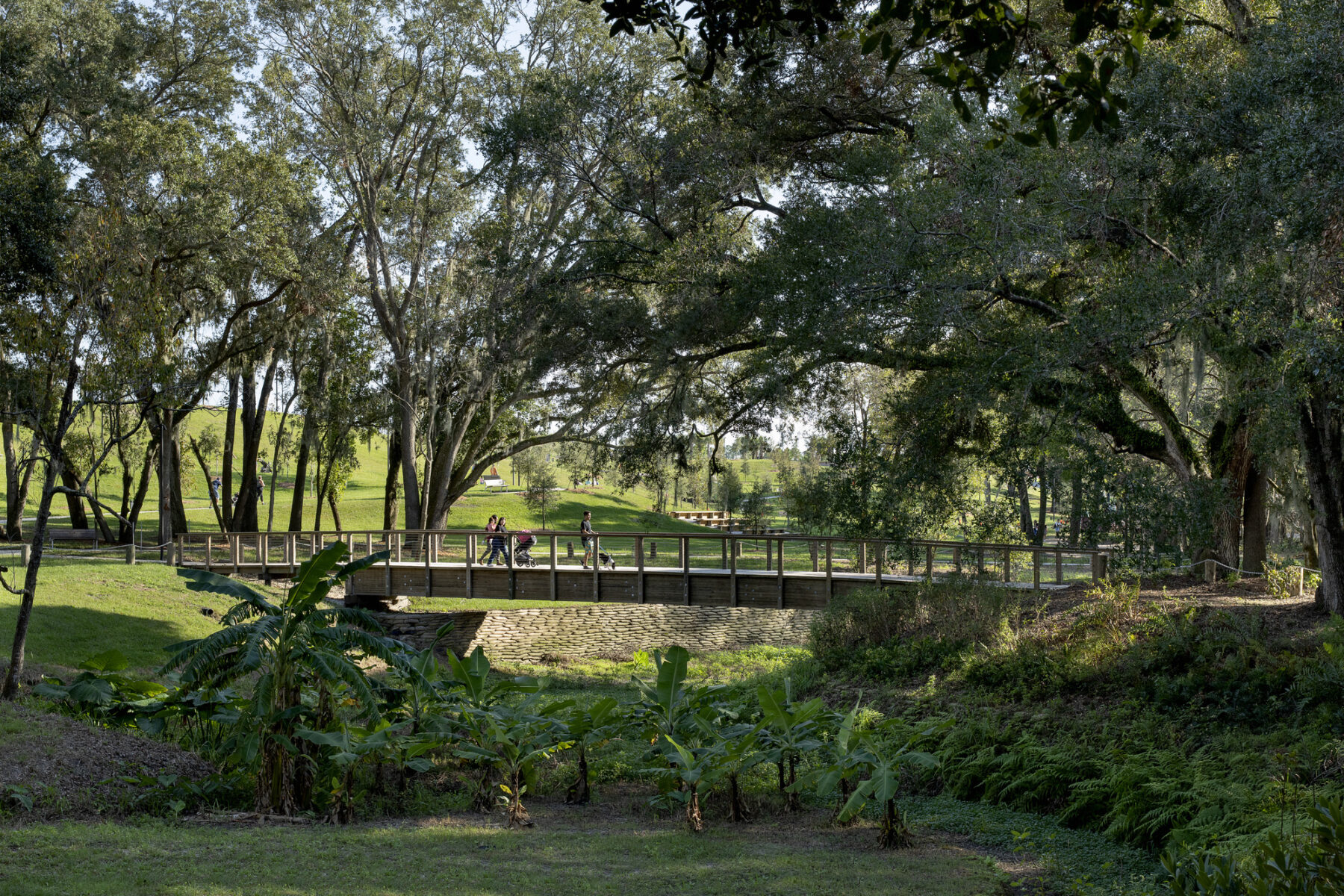 Pedestrians crossing walking bridge over Bonnet Springs Valley