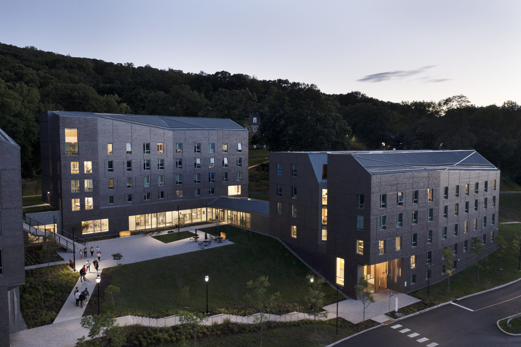 aerial photograph of residence hall at night