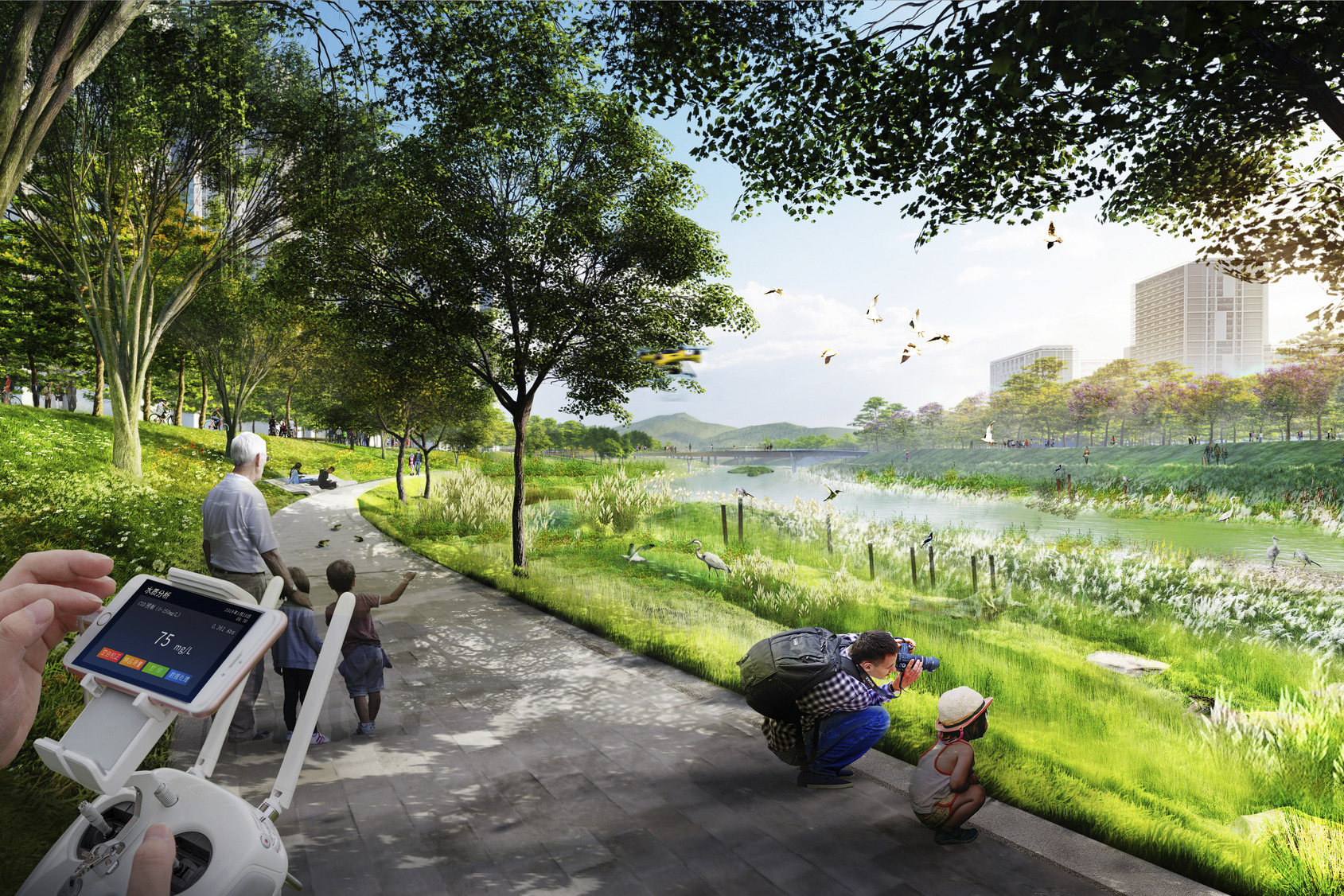 rendering of families along river walk enjoying the lush greenery