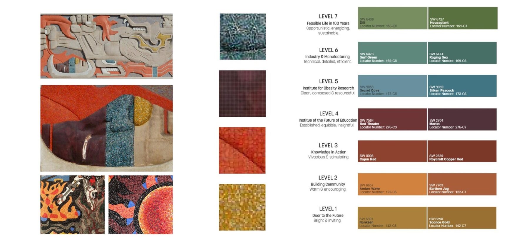 Color palette references from Rectoria’s exterior and interior murals