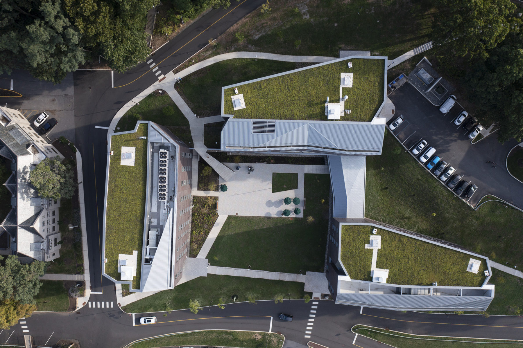 Aerial photo looking straight (top) down on the three buildings