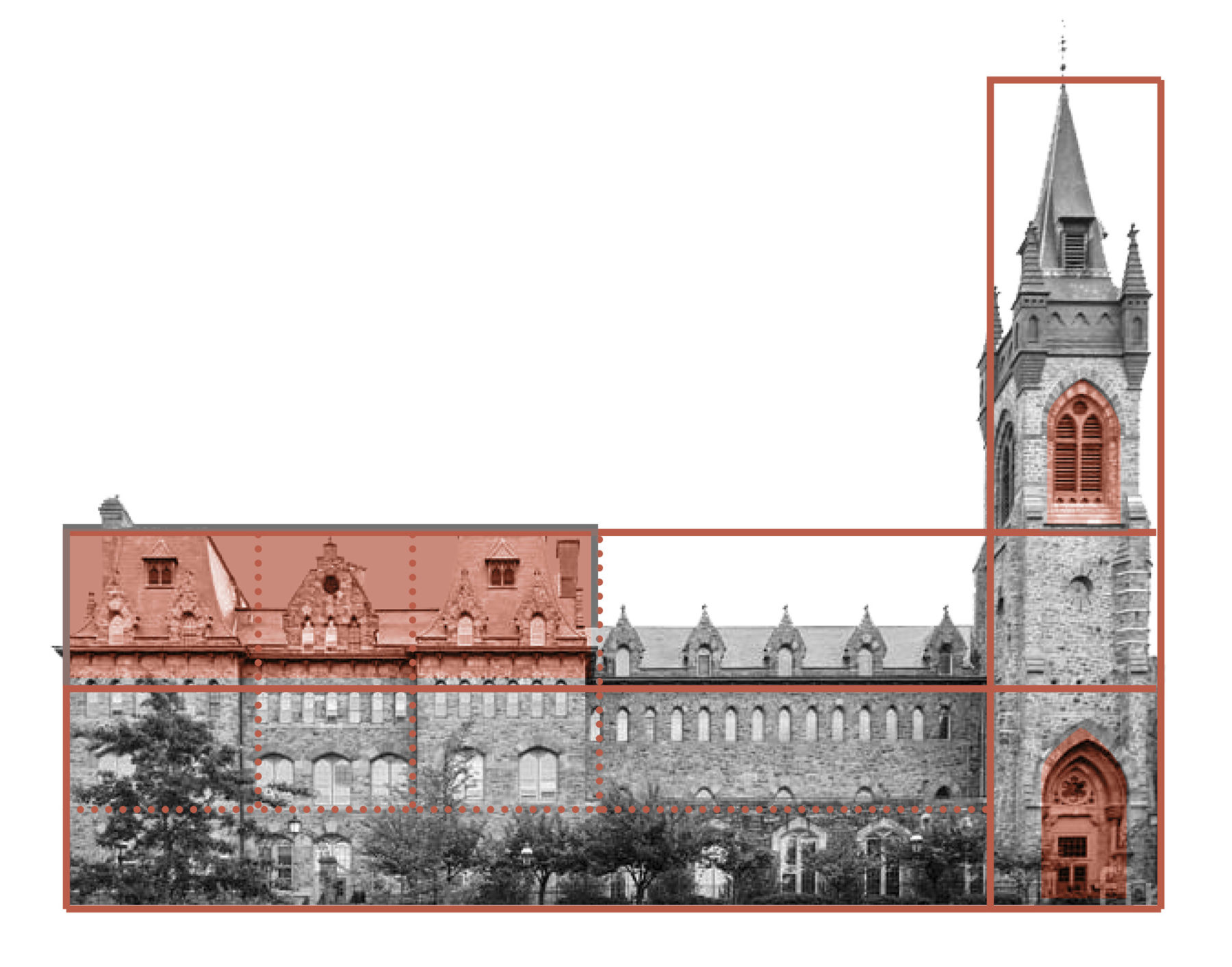 photo of building facade diagramming the window patterns