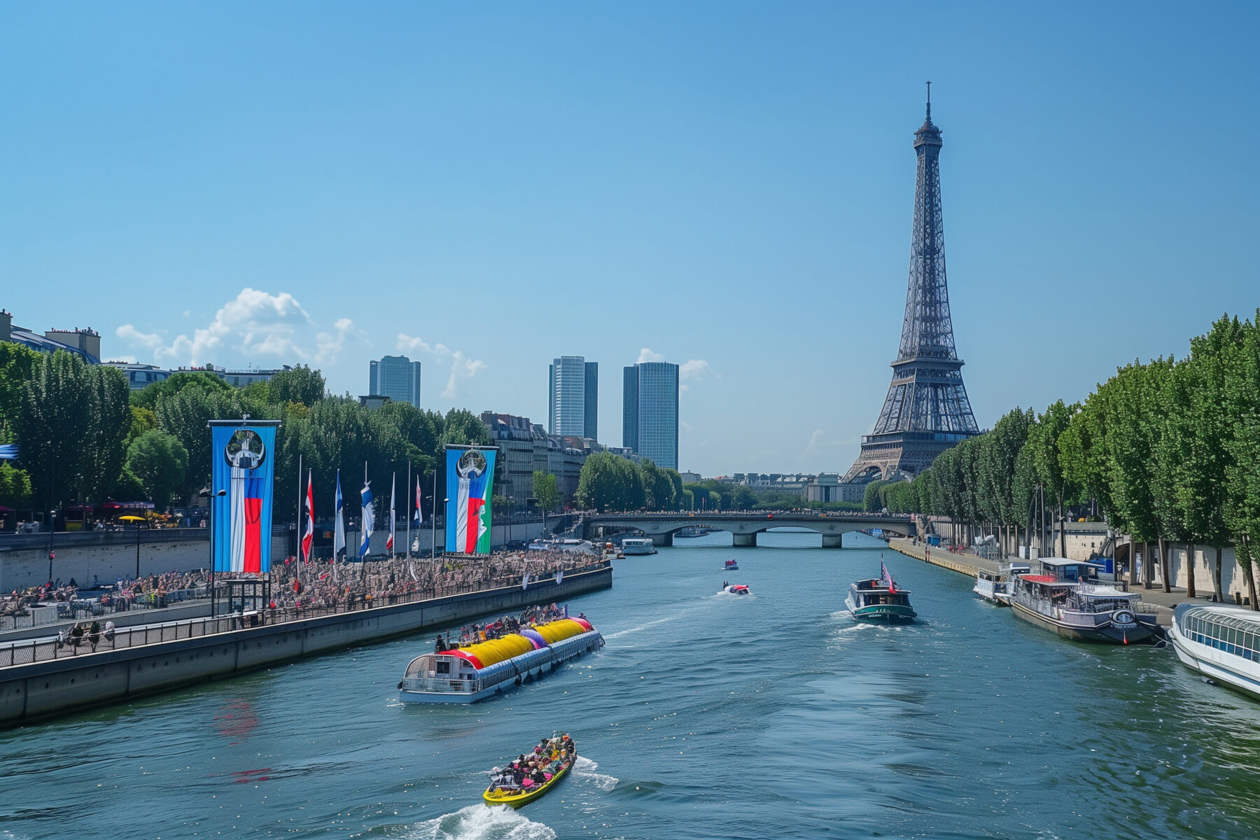 Photo of the Seine River with Olympics activity, boats, spectators, and the Eiffel Tower in the background