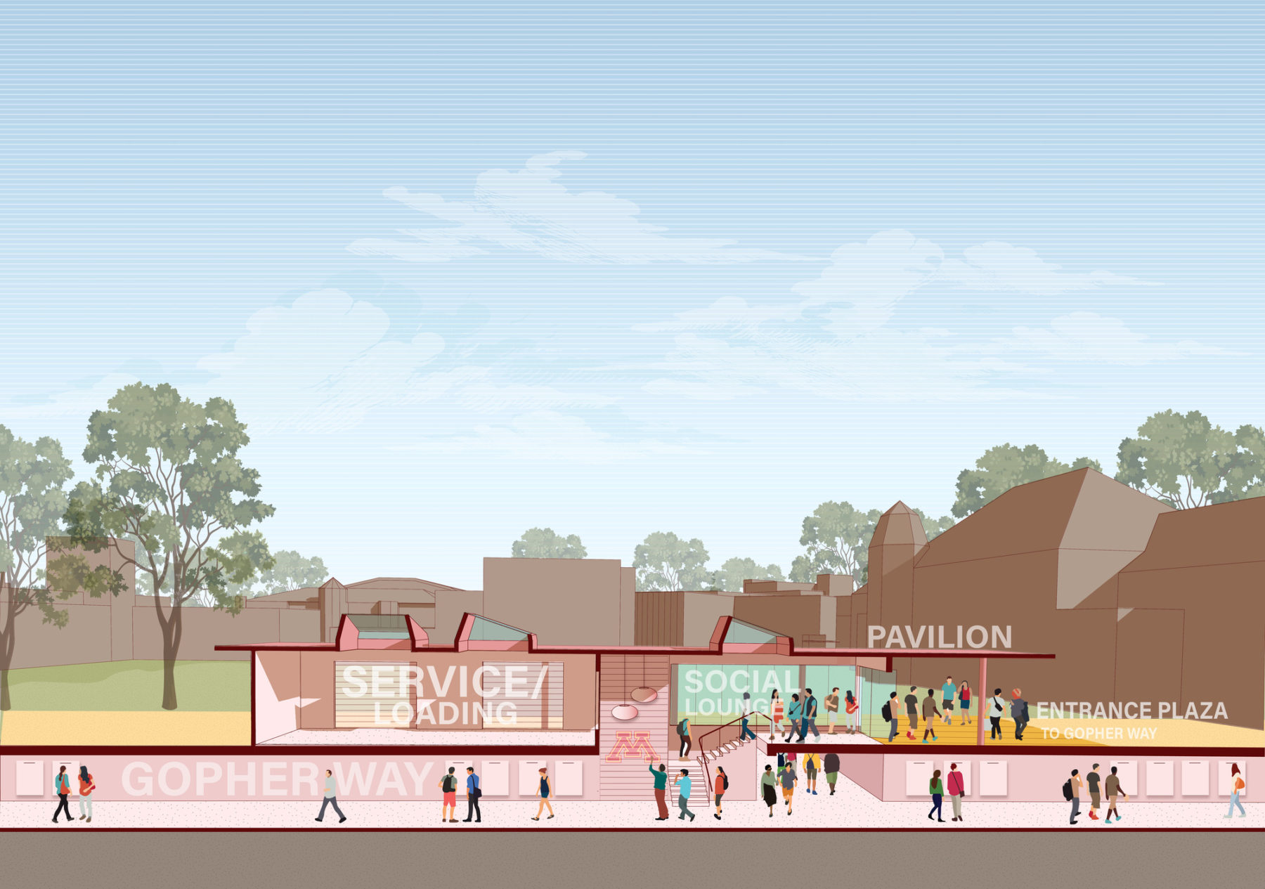 cross section elevation of a two-level pavillion