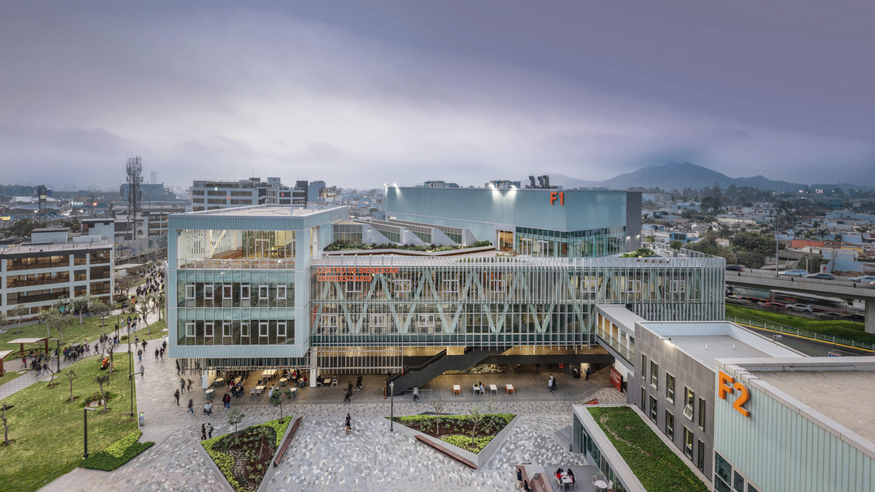 aerial exterior photo of building from east at dusk