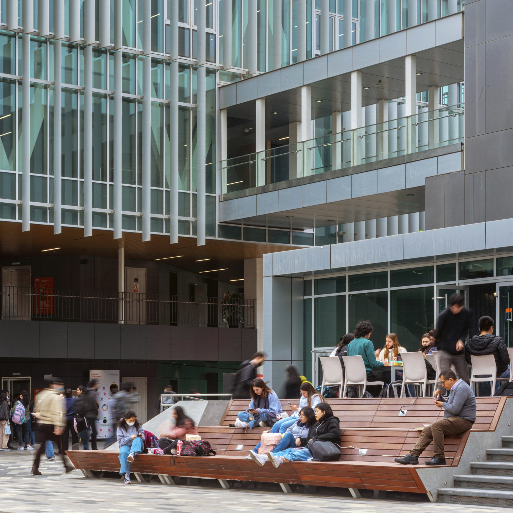 exterior photo of stadium seating adjacent to building entrance