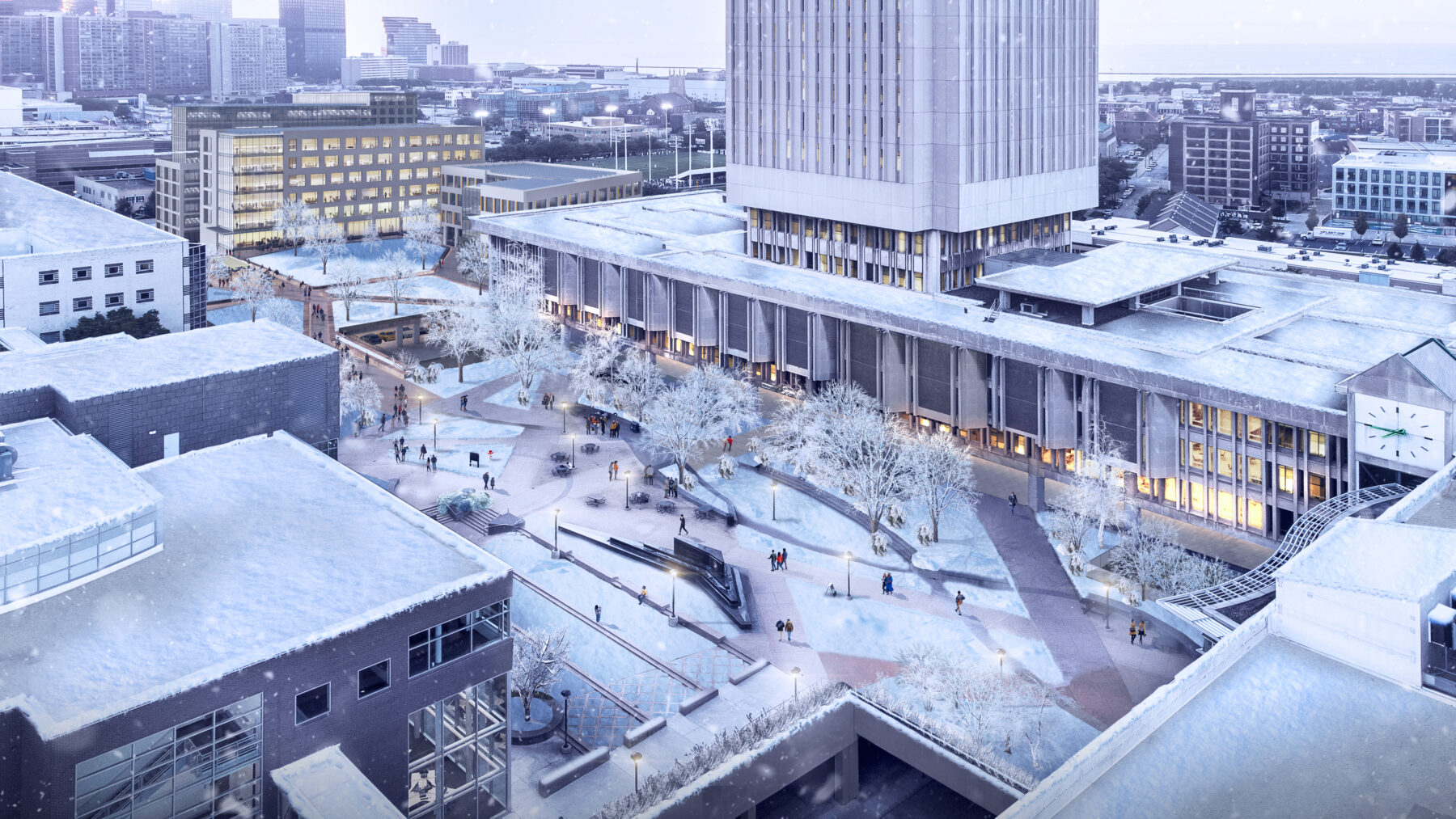 Rendered image showing aerial view of the quad with residential tower all covered in snow